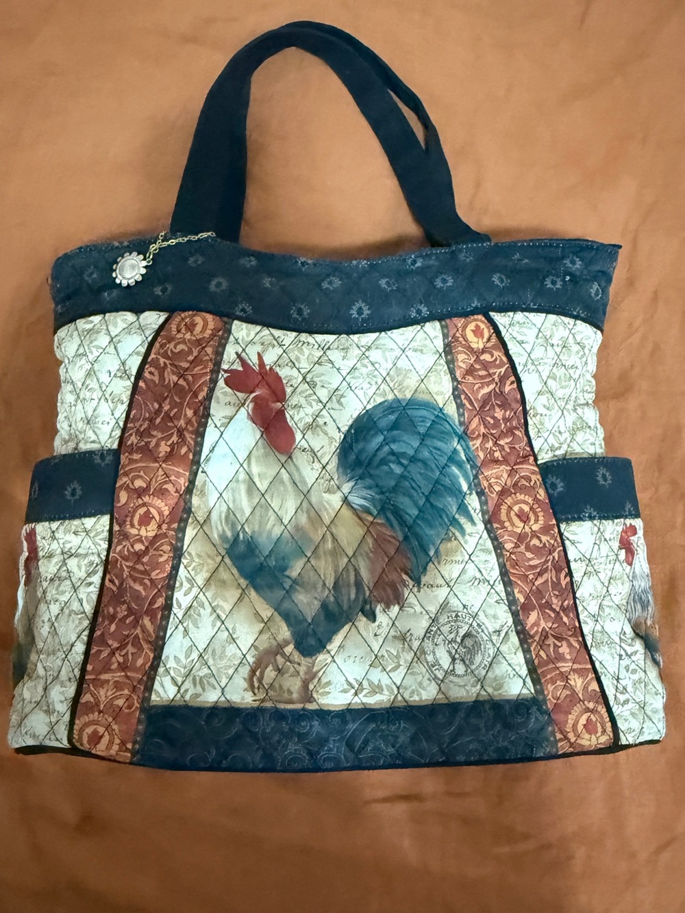 Vintage Rooster quilted tote bag